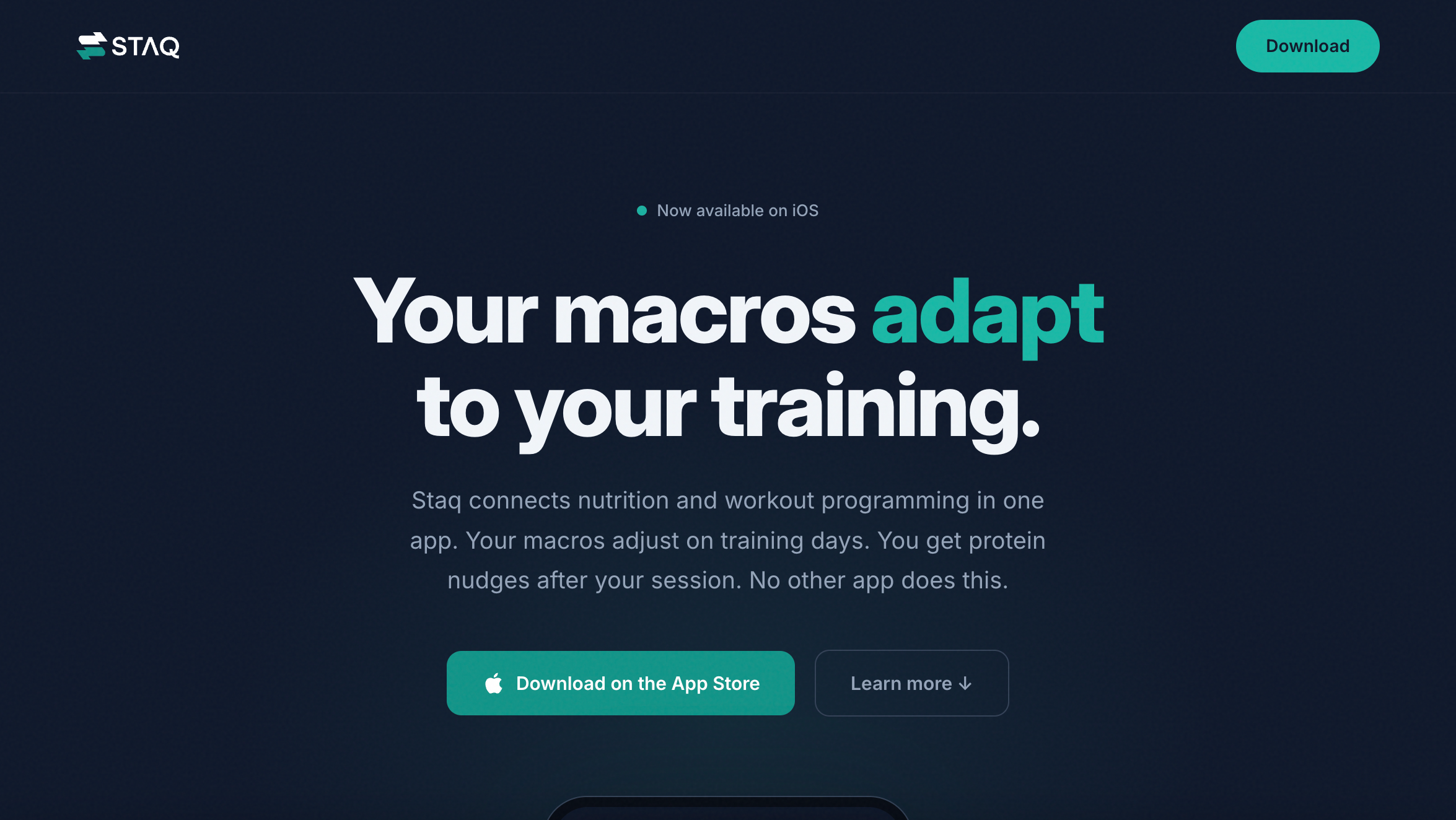 Staq showing a training-day dashboard with macros raised to match the session just completed.